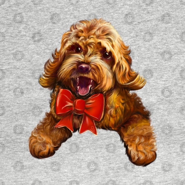 Cute Cavapoo Cavoodle puppy dog with red bow  - cavalier king charles spaniel poodle, puppy love by Artonmytee